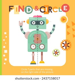 Robot activities for kids. Find the missing piece for picture. Vector illustration. Matching game. Square page for Activity Book.