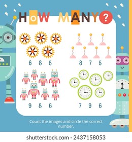 Robot activities for kids. How many. Count the number of robots and details. Vector illustration. Book square format.