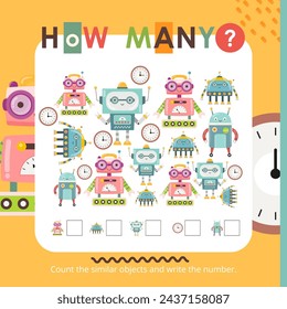 Robot activities for kids. How many. Count the number of robots. Vector illustration. Book square format.