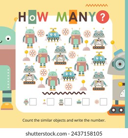 Robot activities for kids. How many. Count the number of robots. Vector illustration. Book square format.