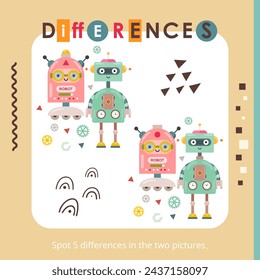 Robot activities for kids. Spot 5 differences. Cute pair robots. Vector illustration. Activity Book square format.