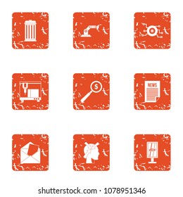 Robot activity icons set. Grunge set of 9 robot activity vector icons for web isolated on white background
