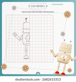Página de actividad de robots para niños. Hoja de trabajo imprimible con actividades de robots: dibujar a mitad de color. Ilustración vectorial. Formato cuadrado. Rompecabezas.