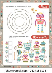 Robot Activity Pages for Book. Printable worksheet with Robots Activities – Maze, math game. Vector illustration.