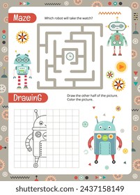 Páginas de actividad de robots para libro. Hoja de trabajo imprimible con Robots Actividades - Laberinto, Dibujo. Ilustración vectorial.