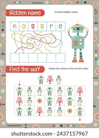 Robot  Activity Pages for Kids. Printable Activity Sheet with Activities – Find hidden name, find the way. Vector illustration.