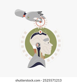 Robot adjusting human head in flat vector illustration symbolizing artificial intelligence, robotics, and cognitive technology, isolated on white background.