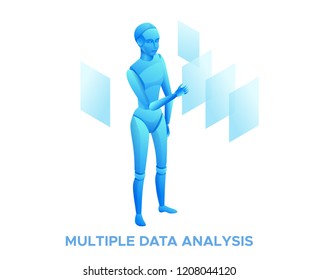 Robot administrator choosing documents and sorting files or filing-cabinet, isometric 3d vector illustration with ai technology in data analysis and storage, artificial intelligence manages documents