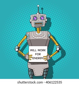 Robot with ads  pop art style vector illustration. Robot illustration. Comic book style imitation. Vintage retro style robot. Conceptual illustration