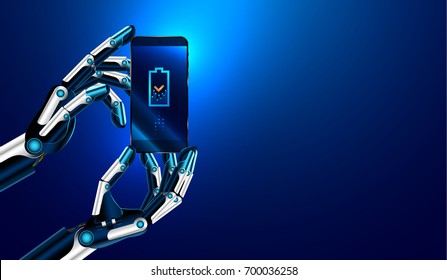 The robot advertise smart phone. Robot hands holding a smart phone and displays on its screen an icon of a charging battery. VECTOR