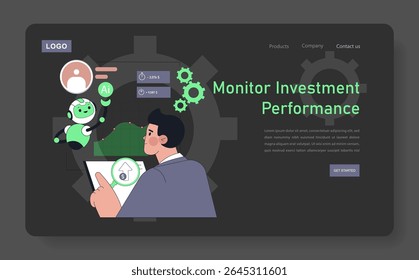 O Robot Advisor auxilia no monitoramento do desempenho do investimento, apresentando um usuário analisando dados com o suporte de IA. A ilustração inclui gráficos, elementos da interface do usuário e um personagem robô amigável