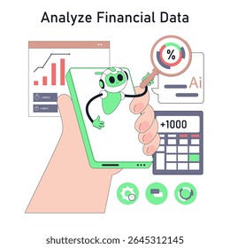 Conselheiro robô analisando dados financeiros através de um smartphone, apresentando gráficos, cálculos e recursos de inteligência artificial. Esta ilustração enfatiza os avanços tecnológicos em finanças