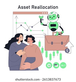 Robot adviser assisting clients with asset reallocation through digital analytics and market trends. Showcases the benefits of automated financial guidance for better investment decisions. Vector