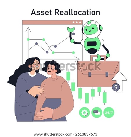Robot adviser assisting clients with asset reallocation through digital analytics and market trends. Showcases the benefits of automated financial guidance for better investment decisions. Vector