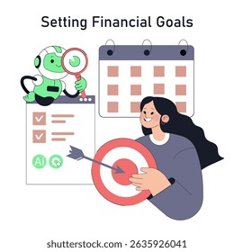 Conselheiro robô ajudando na definição de metas financeiras. A ilustração destaca a fusão de tecnologia e finanças pessoais, mostrando planejamento, metas e uma jornada financeira positiva. Vetor