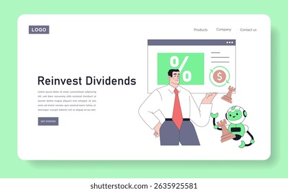 O Robot Advisor auxilia com estratégias de reinvestimento de dividendos, apresentando uma gestão de investimento eficaz. Visuais envolventes destacam conceitos financeiros modernos e interfaces de fácil utilização para os investidores