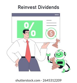 O Robot Advisor auxilia no planejamento financeiro através de estratégias de reinvestimento de dividendos. A ilustração mostra um profissional que se envolve com um robô amigável, promovendo escolhas de investimento inteligentes