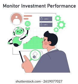 Robot adviser assists with investment performance monitoring. The user views financial data, charts, and insights while engaging with AI technology for informed decision-making and financial