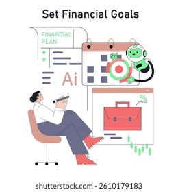 Robot adviser assists in setting financial goals, presenting a financial plan, and organizing tasks with a calendar. Visualizes data analysis and goal tracking for effective planning. Vector