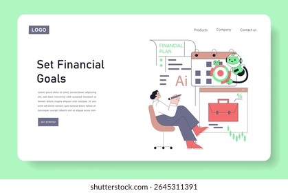 O Robot Advisor auxilia na definição de metas financeiras por meio da análise de dados para criar planos financeiros. A interação destaca a combinação de tecnologia e estratégia para alcançar o sucesso monetário. Vetor