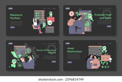 Robot adviser and its features designed to assist users in financial decisions. It includes portfolio rebalancing, cost evaluation, performance reviews, and asset reallocation. Vector illustration.