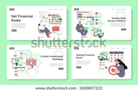 Robot Adviser set. Engaging illustrations depicting a robot assisting users in setting financial goals, creating investment portfolios, and choosing platforms. The combination promotes digital