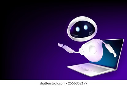 Robot AI Assistant Emerging from Laptop 3d vector illustration. Friendly chat bot robot assistant greets with hand from monitor. Modern technologies and Artificial intelligence concept banner 