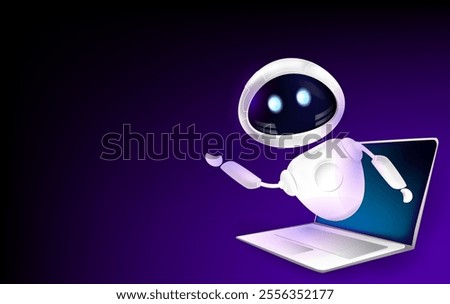 Robot AI Assistant Emerging from Laptop 3d vector illustration. Friendly chat bot robot assistant greets with hand from monitor. Modern technologies and Artificial intelligence concept banner 