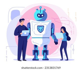 
Robot AI and business man and woman. Partnership with AI. Robot with artificial intelligence works with people. Collaboration with artificial intelligence.