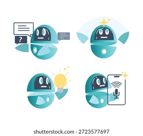 Ilustrações de personagens de desenhos animados de AI robô, AI inteligência assistência bate-papo bot usando telefone e dispositivos inteligentes mídia gerativa, ideias, criativos e serviços.