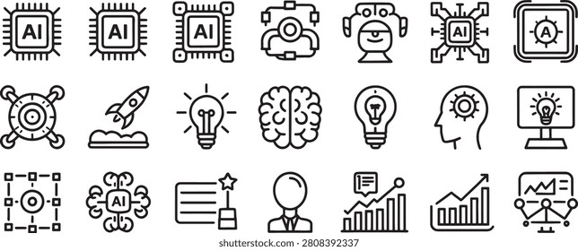 Robot Ai Chip Icons and Creative Technology Symbols Set in Thin Black Line Vector Style on White Background