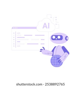 Robot With AI Cloud Display In Flat Vector Illustration Symbolizing Automation, Machine Learning, And Digital Assistance, Isolated On White Background.