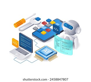 Roboterai erstellen Smartphone App-Technologie Infografik flache isometrische 3D-Illustration