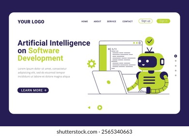 Robot ai developing software design concept landing page template. Software code automation development using AI, machine learning, tech service and chat