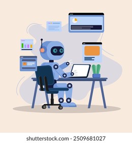 Robot AI digital assistant tablet uses a message template interface flat art Vector illustration design.