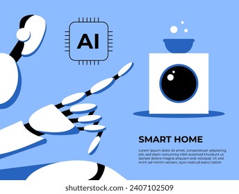 Roboter mit AI ist in der Wäscherei beschäftigt. Smart House. Wäsche mit künstlicher Intelligenz. Detergent mit Blasen. Tagesgeschäft Flache Vektorgrafik.