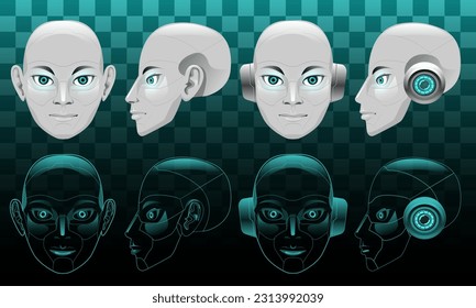 Robot AI head front side view collection technology design ultramodern futuristic creative vector illustration.