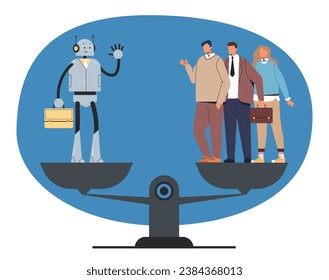 Robot AI intelligence vs human people workers employee concept. Vector flat graphic design illustration 
