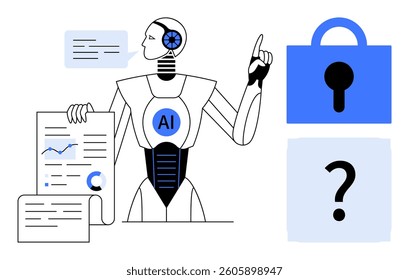 Robot with AI label holding documents and analyzing data. Speech bubble, lock symbol, and question mark. Ideal for artificial intelligence, data analysis, cybersecurity, machine learning, technology