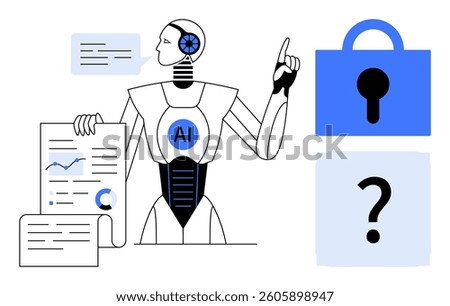 Robot with AI label holding documents and analyzing data. Speech bubble, lock symbol, and question mark. Ideal for artificial intelligence, data analysis, cybersecurity, machine learning, technology