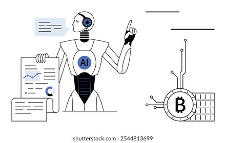 A robot with AI labeled on its chest analyzing data charts and graphs while pointing towards a Bitcoin symbol with blockchain lines. Ideal for AI, cryptocurrency, blockchain, data analysis