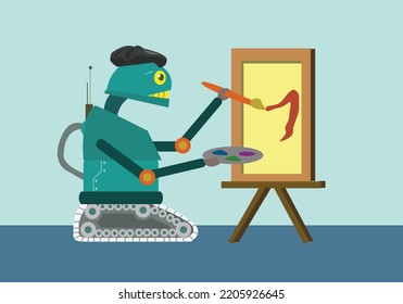 A Robot or AI makes a painting masterpiece. Editable Clip Art.