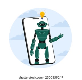 Robot ai at phone. Artificial intelligence and machine learning. Virtual assistant and helper. Modern technologies and innovations. Flat vector illustration isolated on white background