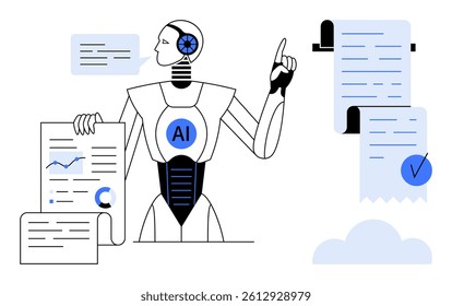 A robot with AI symbol holding data charts and documents points to a checklist on a scroll. Ideal for technology, artificial intelligence, data analysis, automation, and innovation. Simple vector art