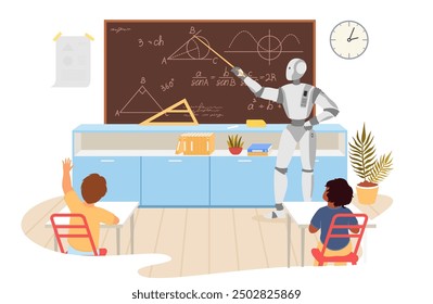 Robot maestro de ayuda que explica la tarea de matemáticas para los niños