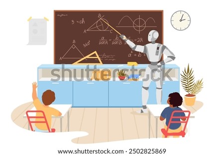 Robot ai teacher explaining mathematics task for children