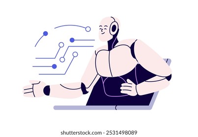 Robô, conceito de tecnologia de IA. Assistente digital, inteligência artificial. Rede neural, aprendizagem de máquina para automação, inovação tecnológica. Ilustração de vetor plano isolada no plano de fundo branco