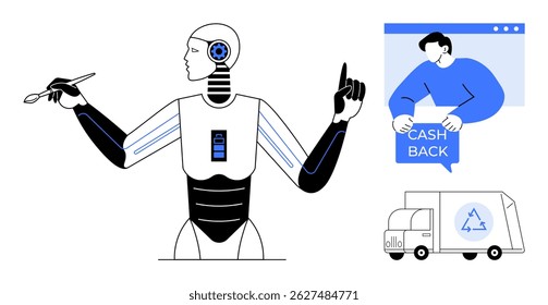 Robô com IA e elementos de tecnologia segurando uma escova e gestos, pessoa segurando o sinal de devolução de dinheiro e símbolo de reciclagem em um caminhão de entrega. Ideal para tecnologia, IA, e-commerce, eco-friendly