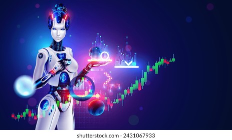 Robot AI trader analysing chart of stock exchange market. Woman robot trader assistant on forex market. Automated trading AI system. Bot trader developing trading strategy on stock exchange market.