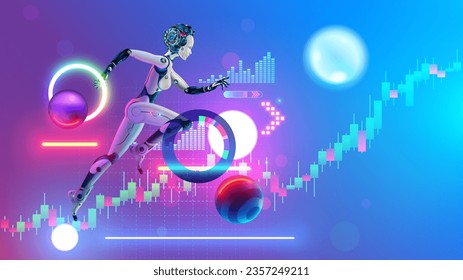 Robot AI trader running on business chart of growth stock exchange market. Woman robot trader assistant on forex market. Automated trading system. AI technology of analysis investment fund data.